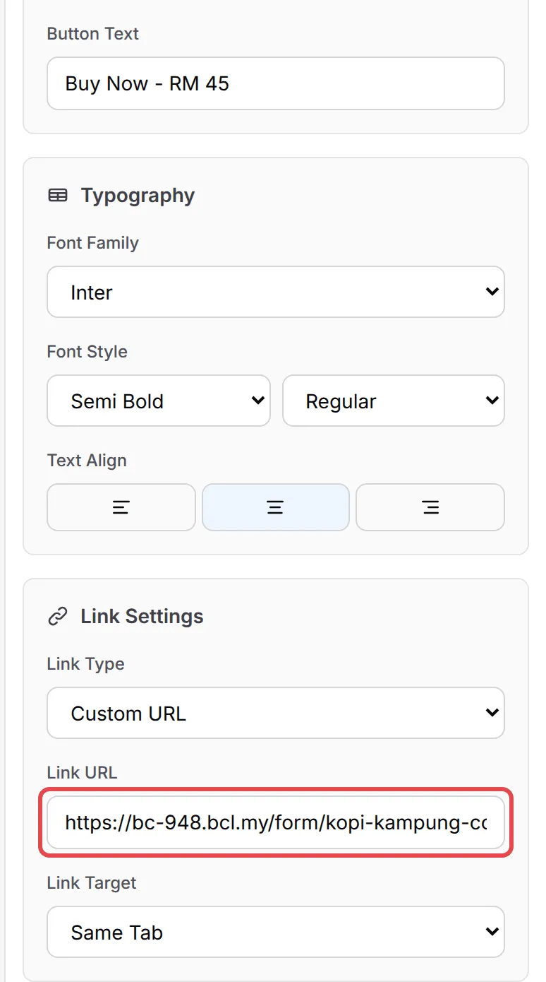 The button’s Link Settings with the checkout link in Link URL highlighted