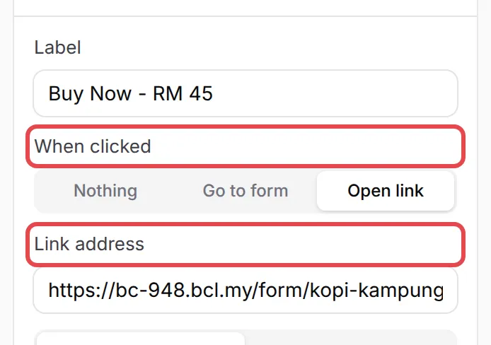 The Button block settings with When clicked and Link address highlighted