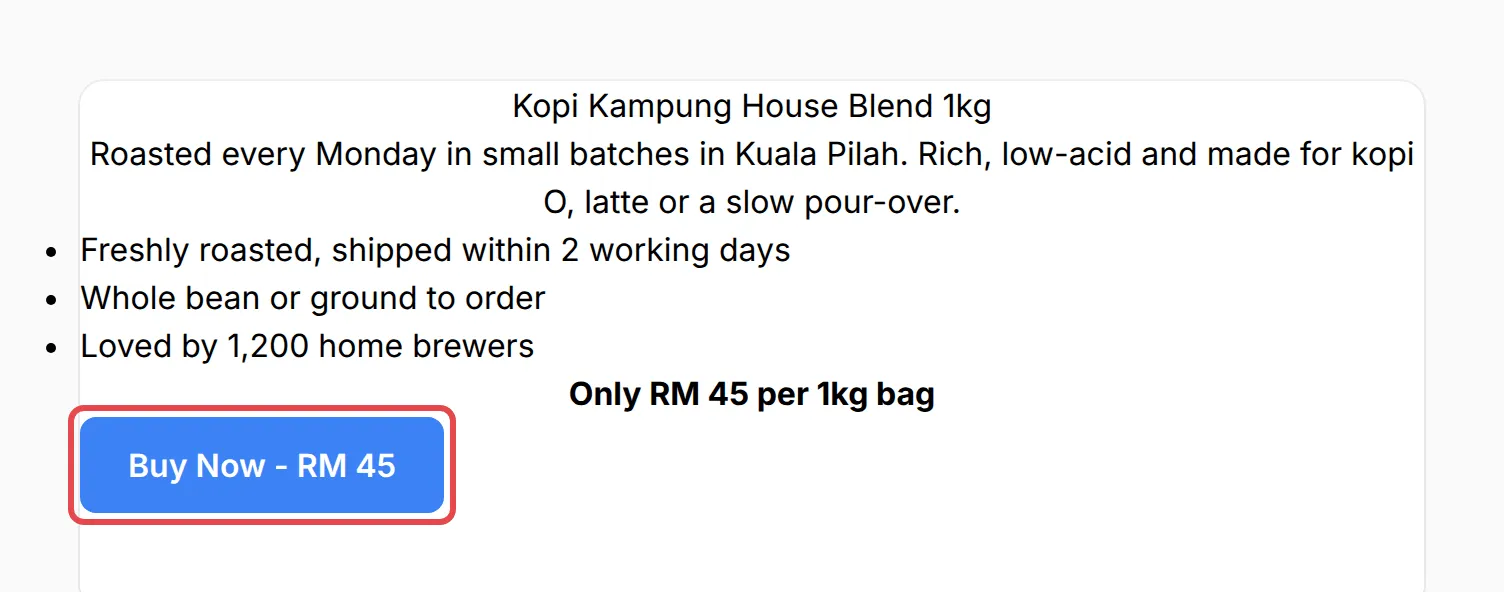 The Kopi Kampung sales page with the Buy Now button highlighted and no payment form