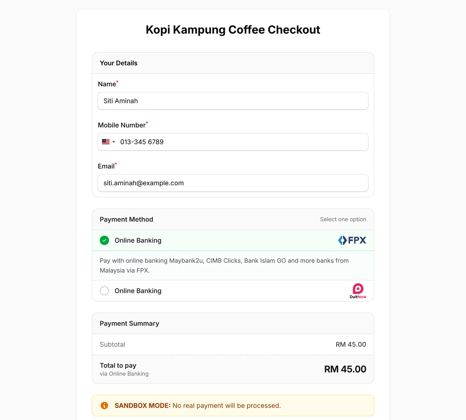 The Kopi Kampung Coffee Checkout form with buyer details and a total of RM 45