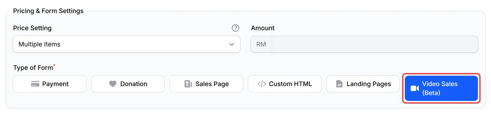 Type of Form按钮，已标示Video Sales (Beta)