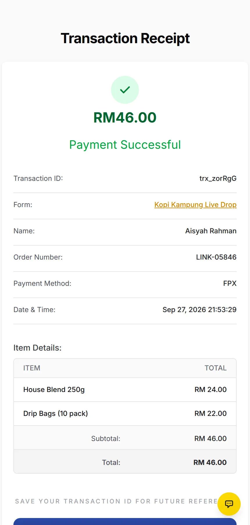 The receipt page showing Payment Successful and the items bought