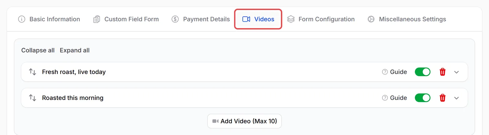 Videos标签页，有两个视频和Add Video (Max 10)按钮