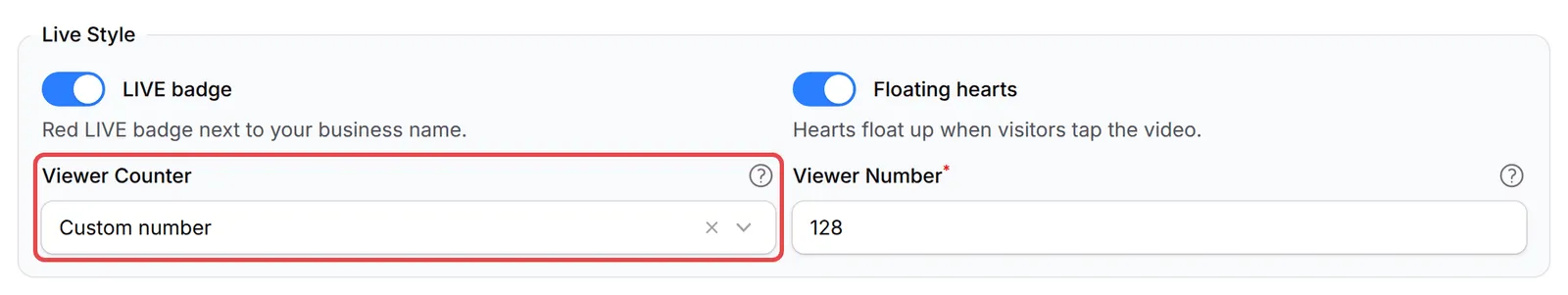 The Live Style settings with Viewer Counter highlighted