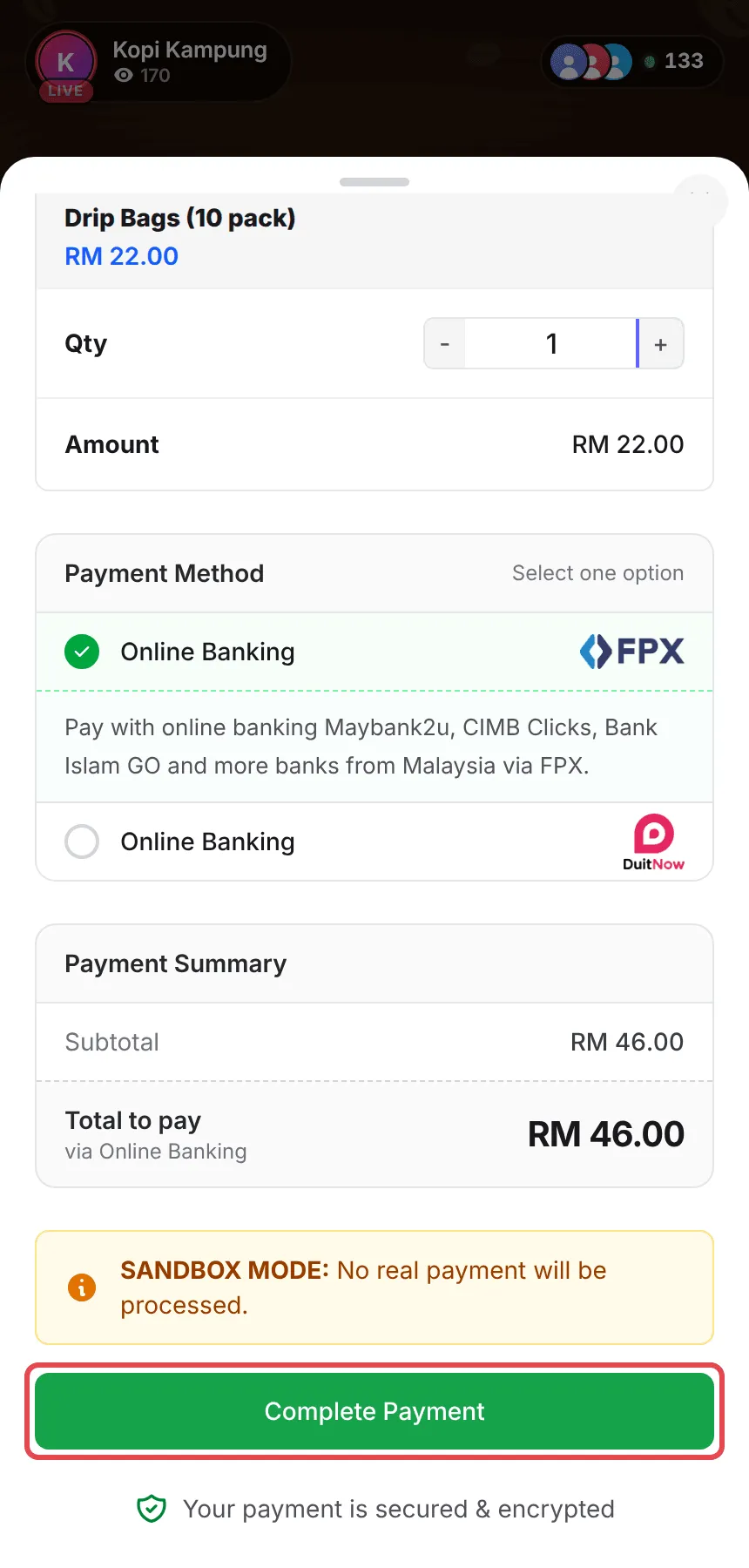 The bottom of the checkout with Complete Payment highlighted