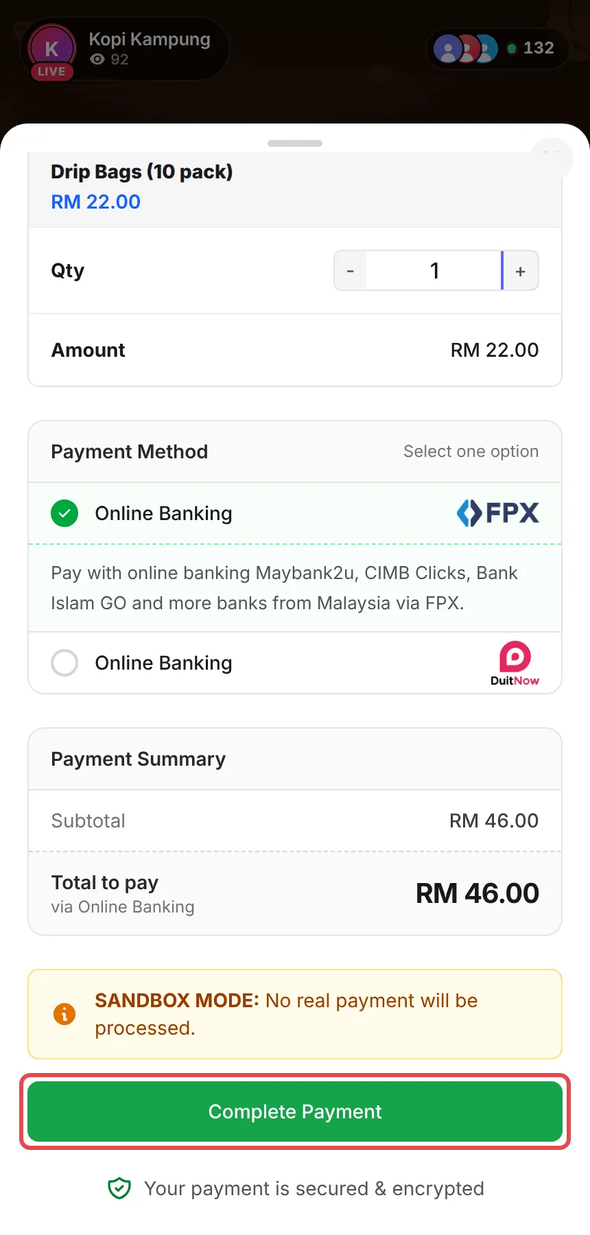 The bottom of the checkout with Complete Payment highlighted