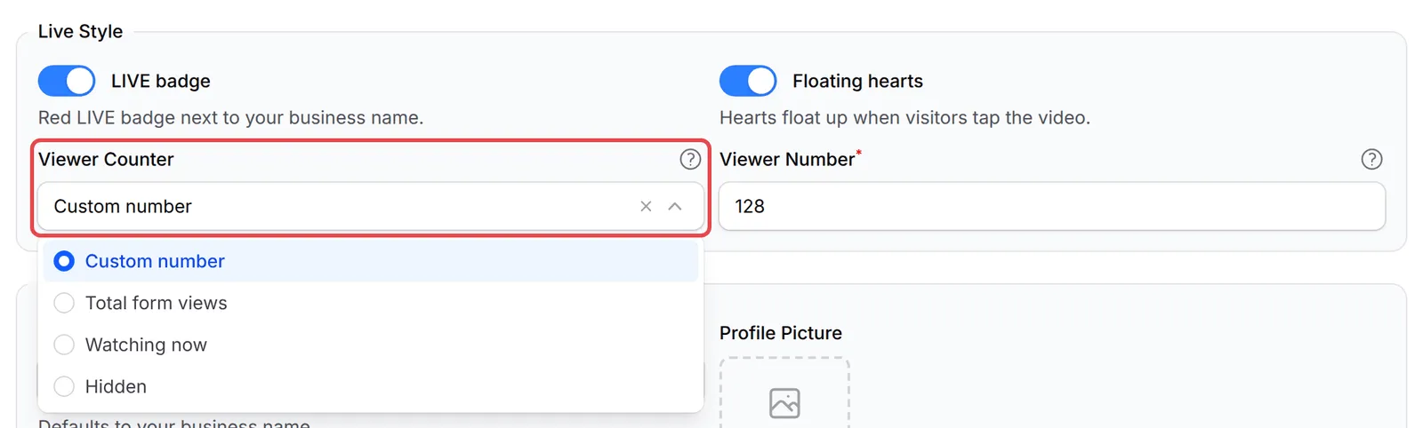 The Viewer Counter list open, showing Custom number, Total form views, Watching now and Hidden