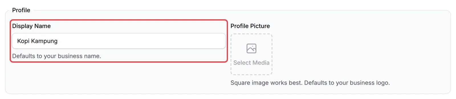 The Profile section with Display Name highlighted
