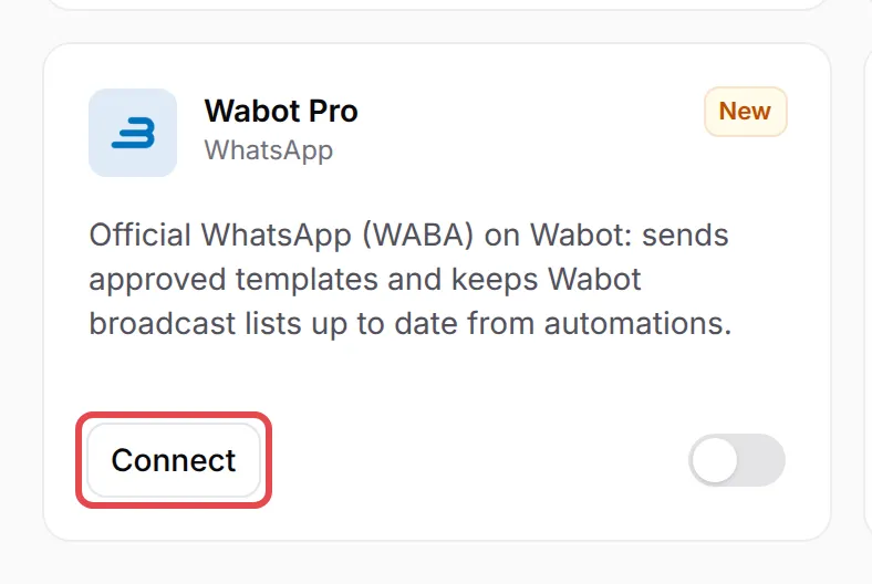The Wabot Pro card on the Integrations page with Connect highlighted