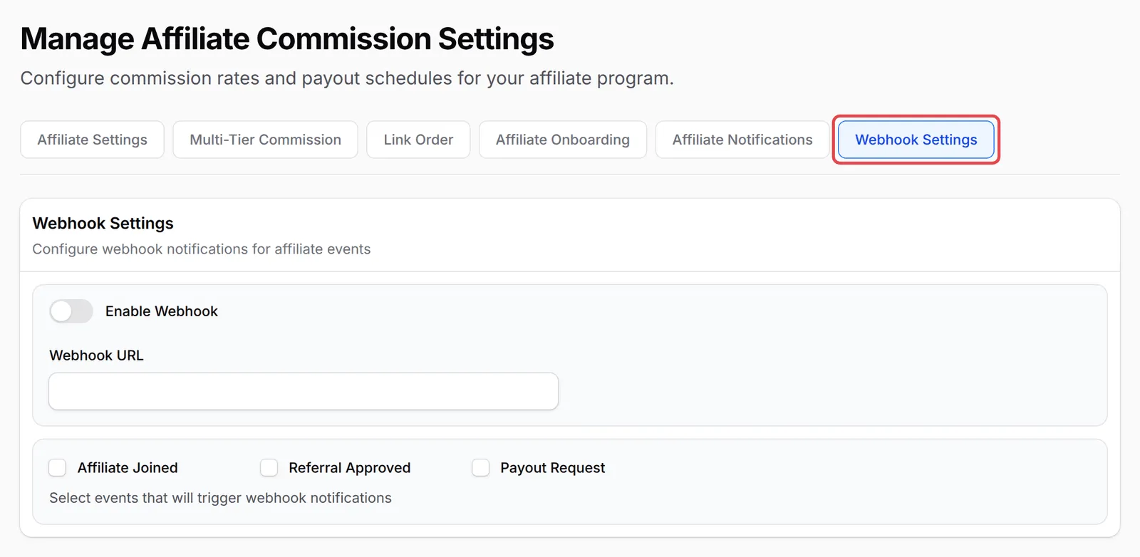 Manage Affiliate Commission Settings页面，已标示Webhook Settings标签页