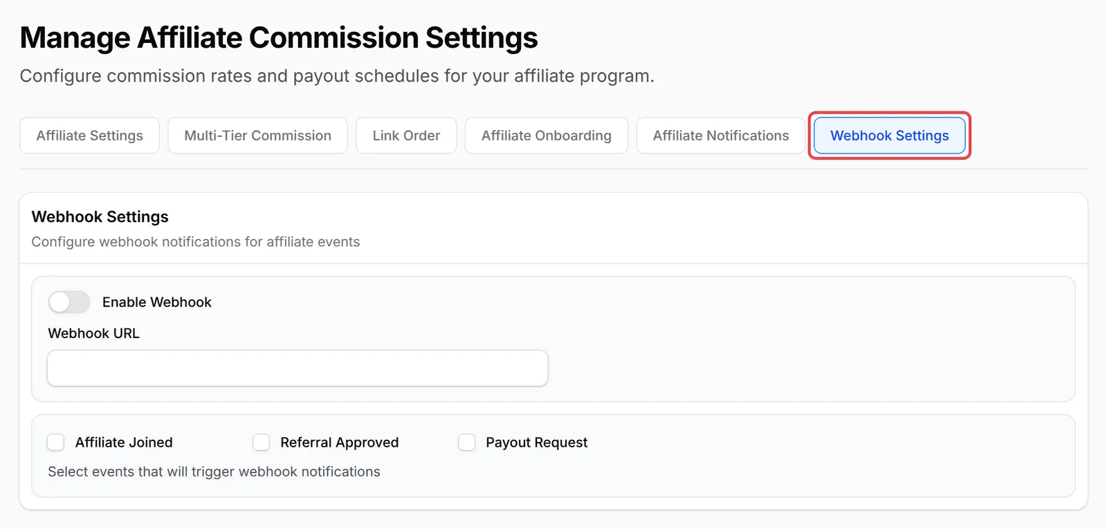 Page Manage Affiliate Commission Settings dengan tab Webhook Settings ditanda