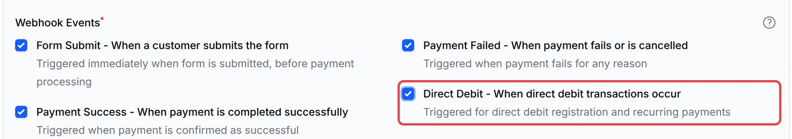 Webhook Events列表，四个事件都已勾选，Direct Debit已标示