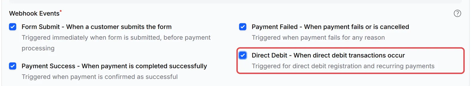Senarai Webhook Events dengan keempat-empat event ditandakan dan Direct Debit ditanda