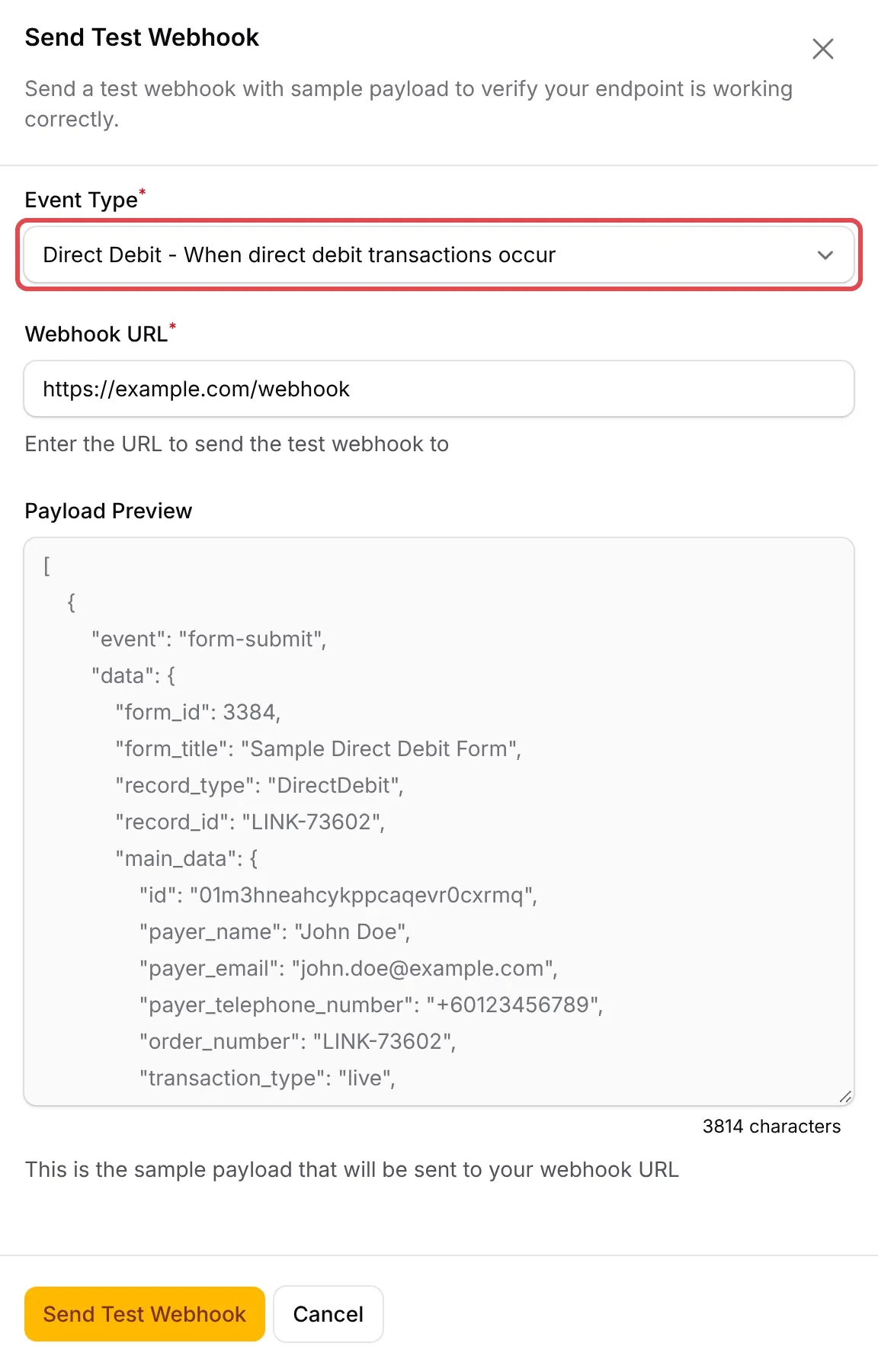 Panel Send Test Webhook dengan event type Direct Debit ditanda dan tiga contoh payload dalam preview