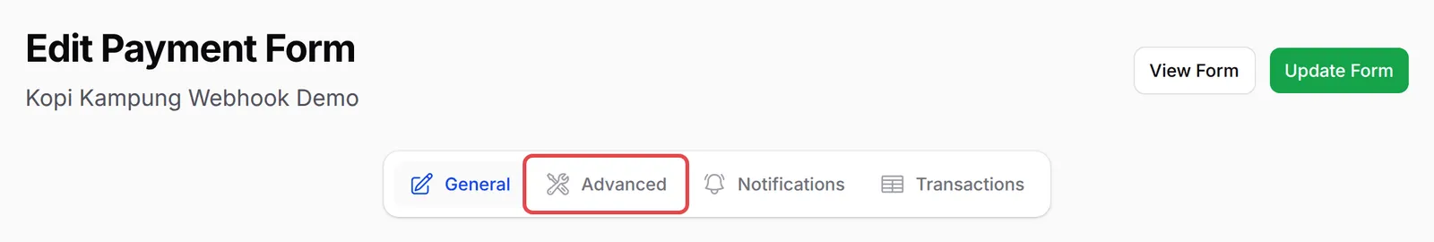 Tab Advanced di bahagian atas page Edit Payment Form, ditanda
