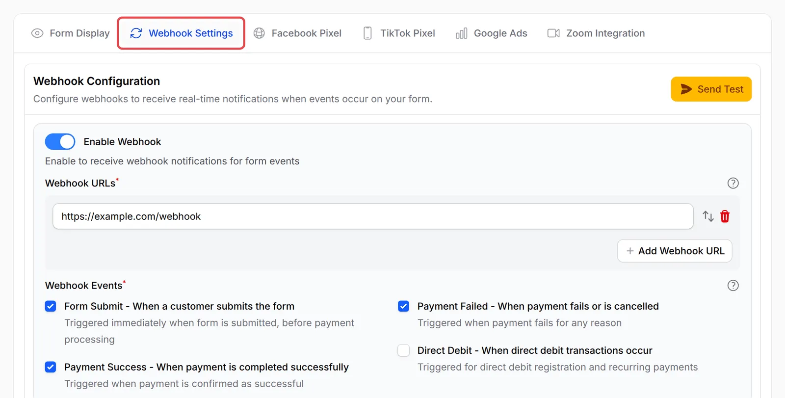 Tab Webhook Settings dengan Enable Webhook on, satu URL webhook dan tiga event ditanda