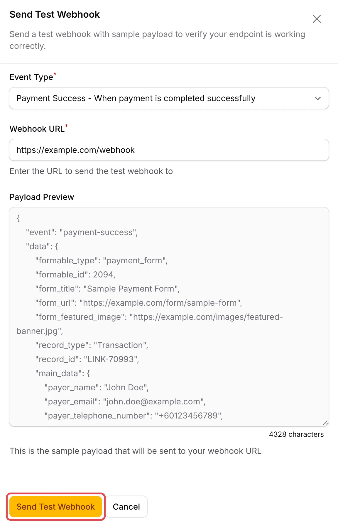 Panel Send Test Webhook dengan Payment Success dipilih, payload preview dan butang Send Test Webhook ditanda