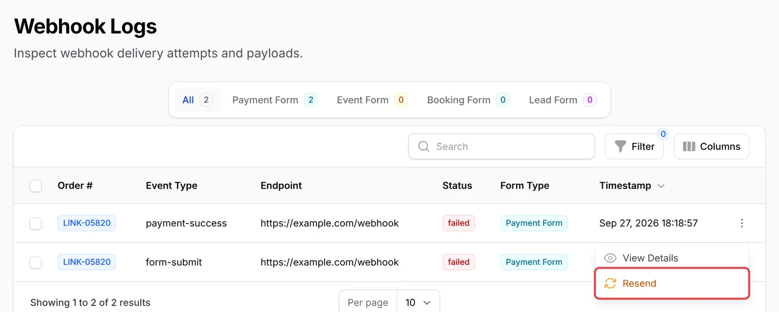 Senarai Webhook Logs dengan menu baris dibuka dan Resend ditanda