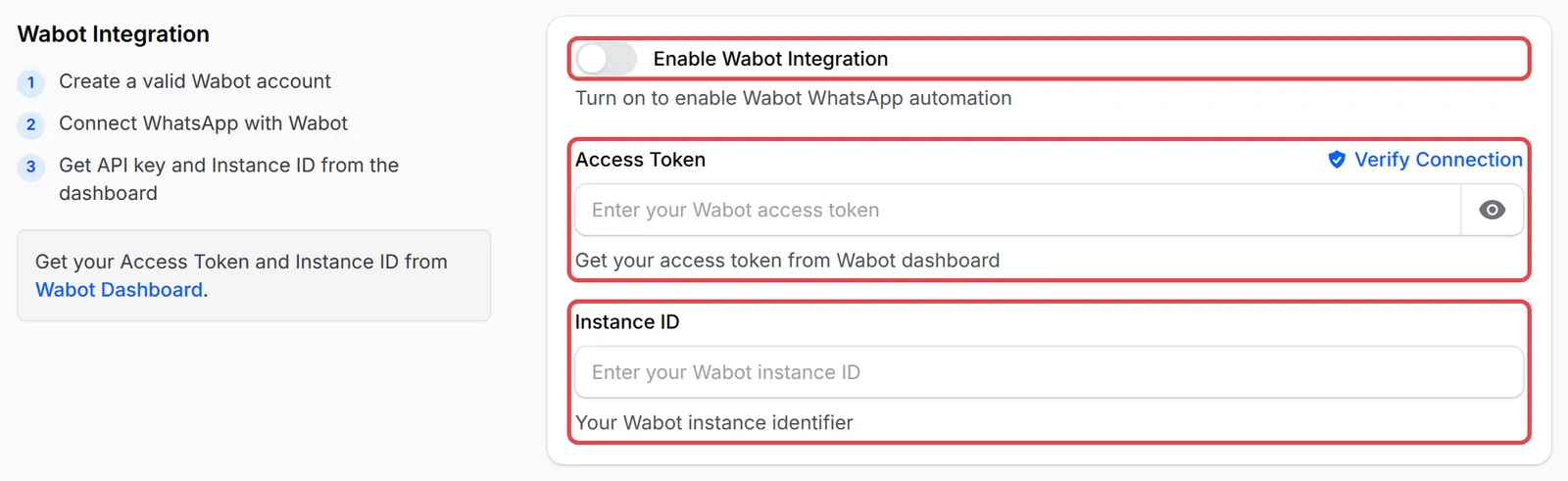 Wabot Integration部分,Enable Wabot Integration开关、Access Token和Instance ID已标示
