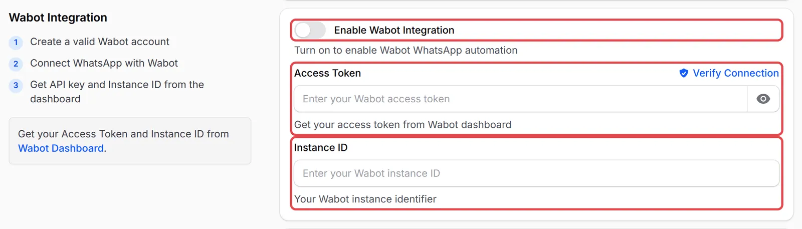 The Wabot Integration section with the Enable Wabot Integration switch, Access Token and Instance ID highlighted