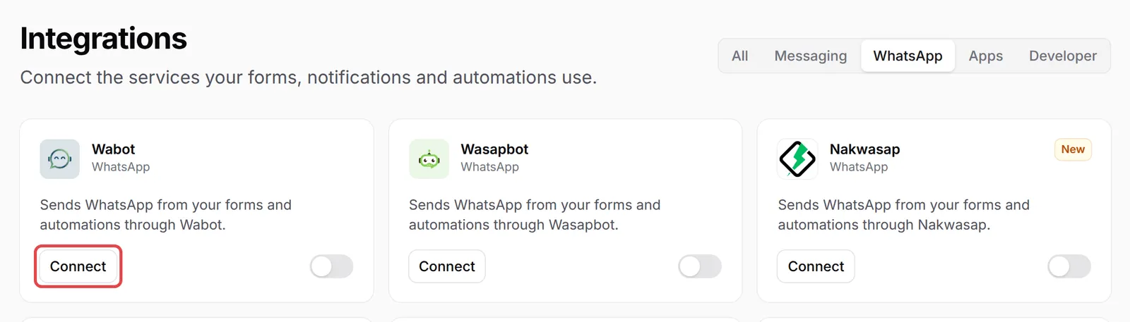 The Integrations page filtered to WhatsApp, with Connect highlighted on the Wabot card