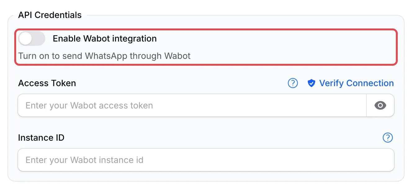 The API Credentials of the Wabot panel, with Enable Wabot integration highlighted