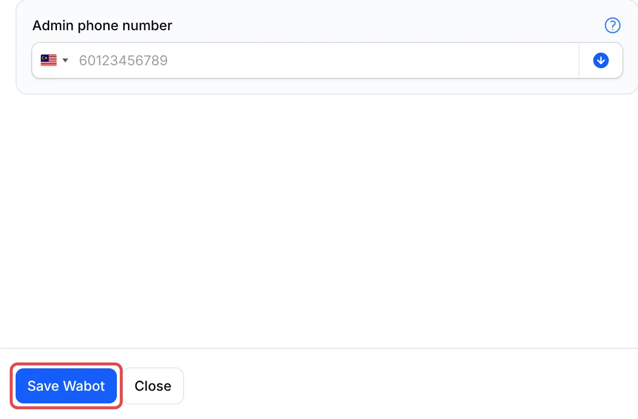 The Save Wabot button highlighted under the Admin phone number field
