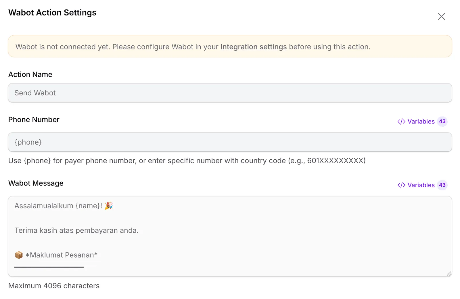 The Wabot Action Settings with the Phone Number field highlighted and the sample message below