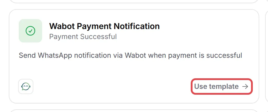 The Wabot Payment Notification template card with Use template highlighted