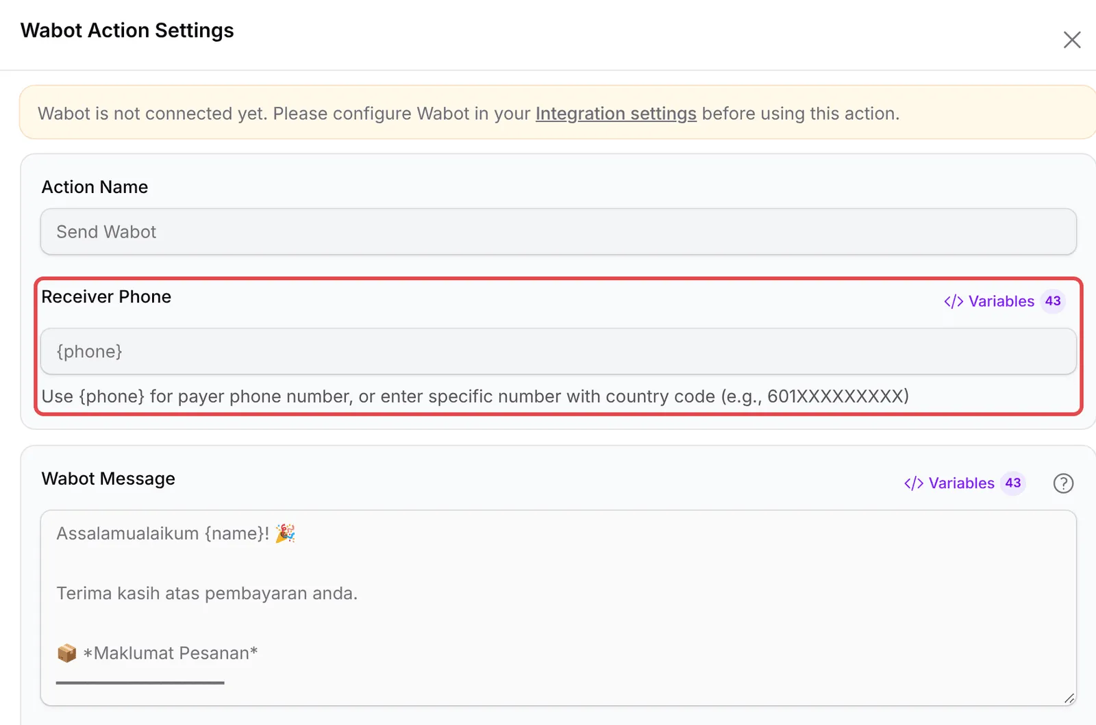 The Wabot Action Settings with the Receiver Phone field highlighted and the sample message below