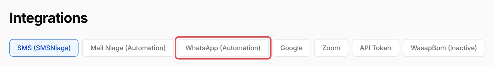 Page Integrations dengan tab WhatsApp (Automation) ditanda