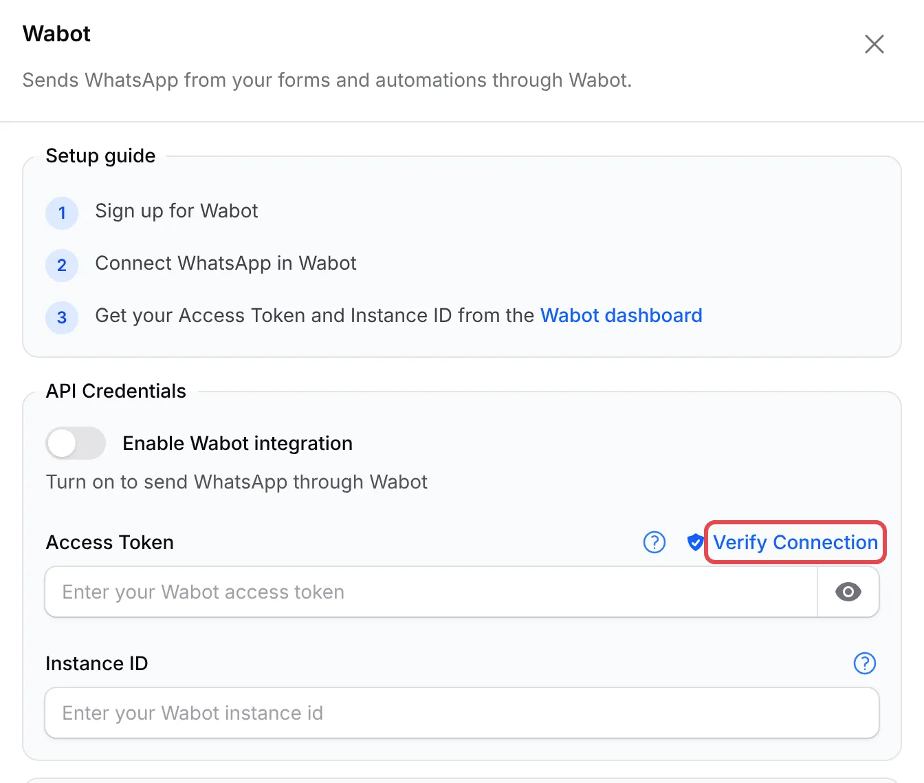 The Wabot panel with the API Credentials and Verify Connection highlighted