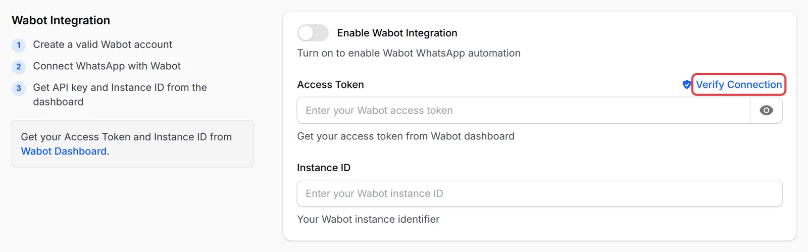 Wabot Integration部分，Verify Connection已标示