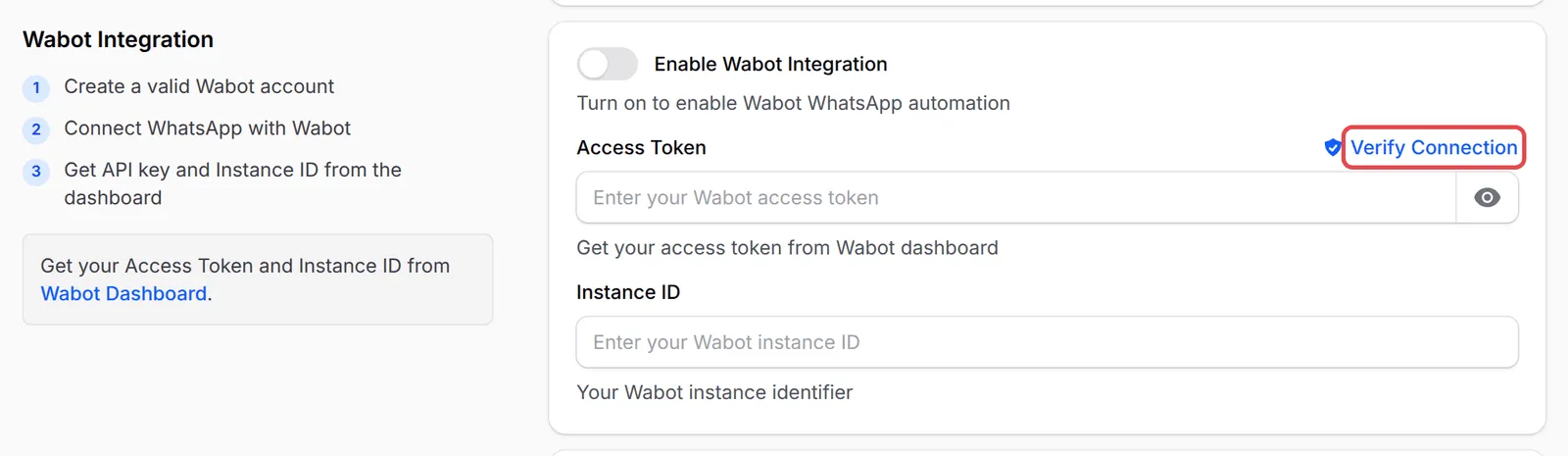 Bahagian Wabot Integration dengan Verify Connection ditanda