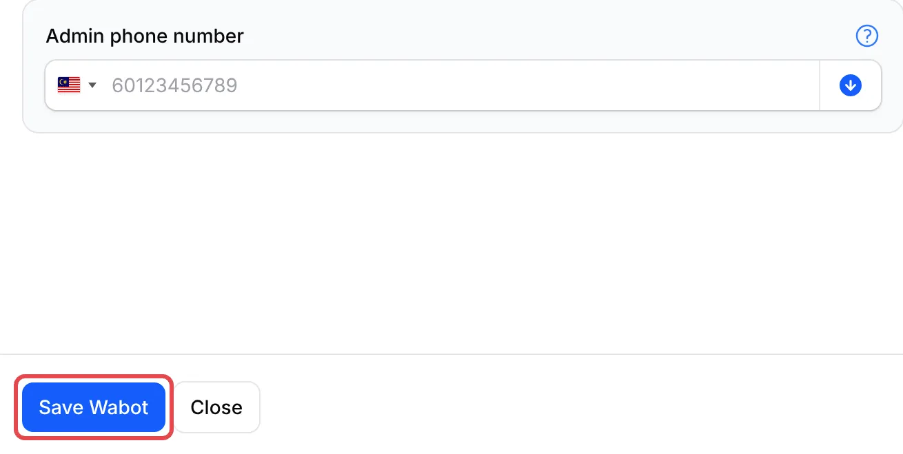 The Admin phone number field and the Save Wabot button highlighted