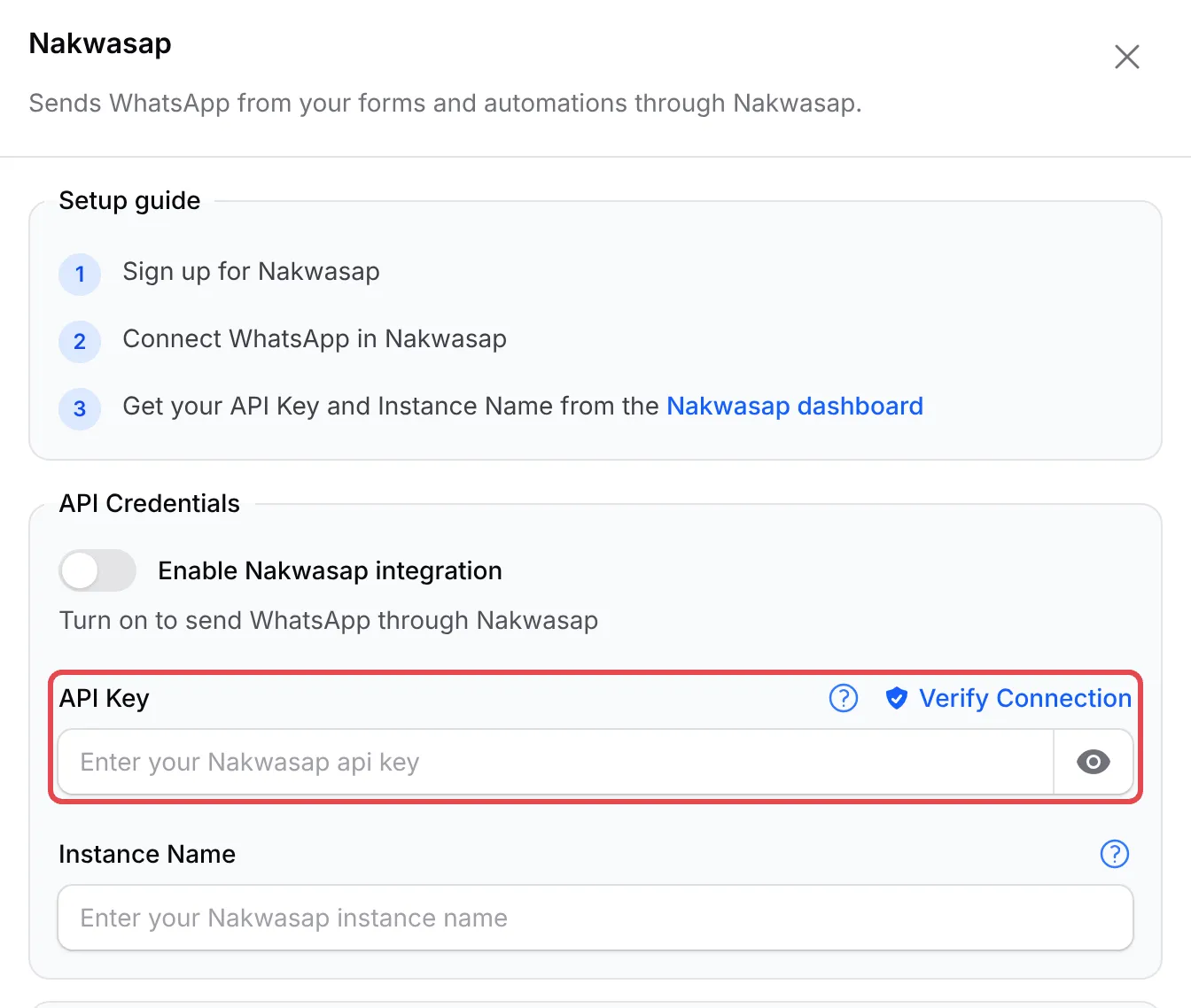 The Nakwasap panel with the API Key field highlighted above Instance Name