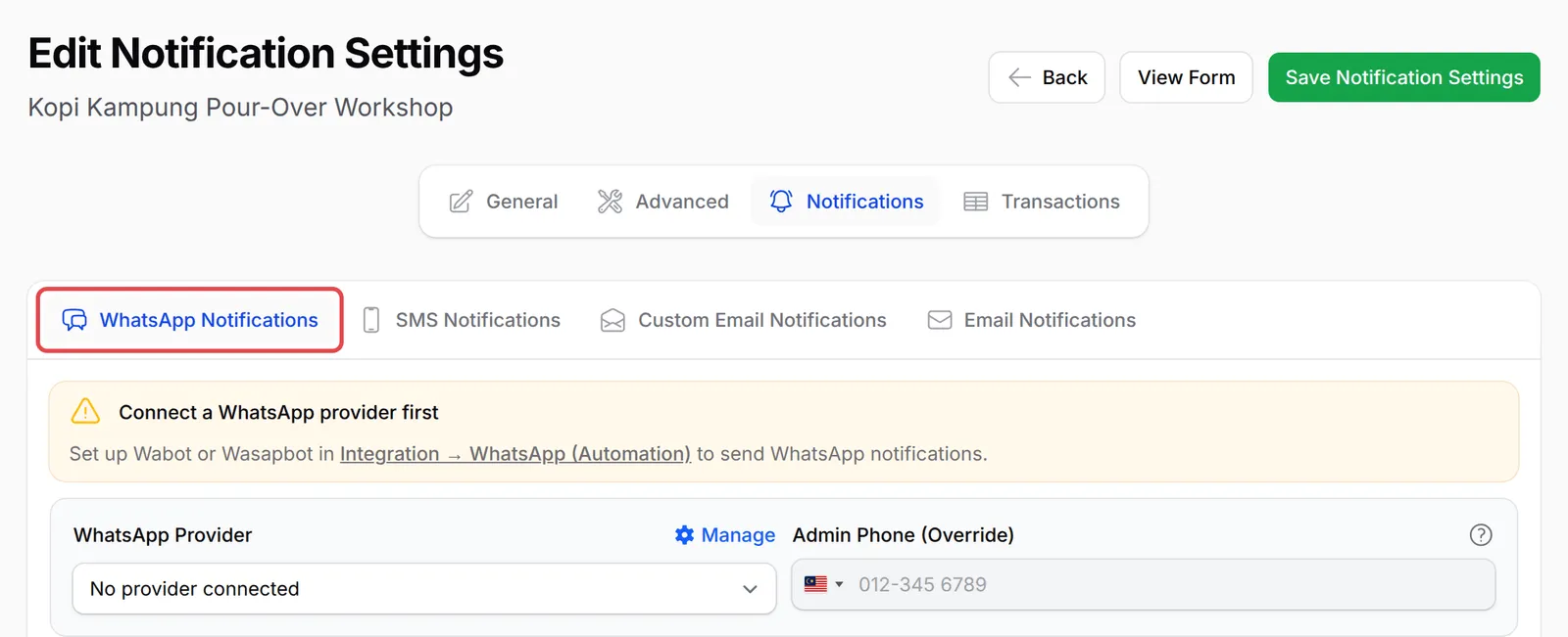 Page Edit Notification Settings dengan tab WhatsApp Notifications ditanda