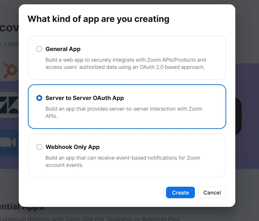 Dialog jenis app Zoom dengan Server to Server OAuth App dipilih