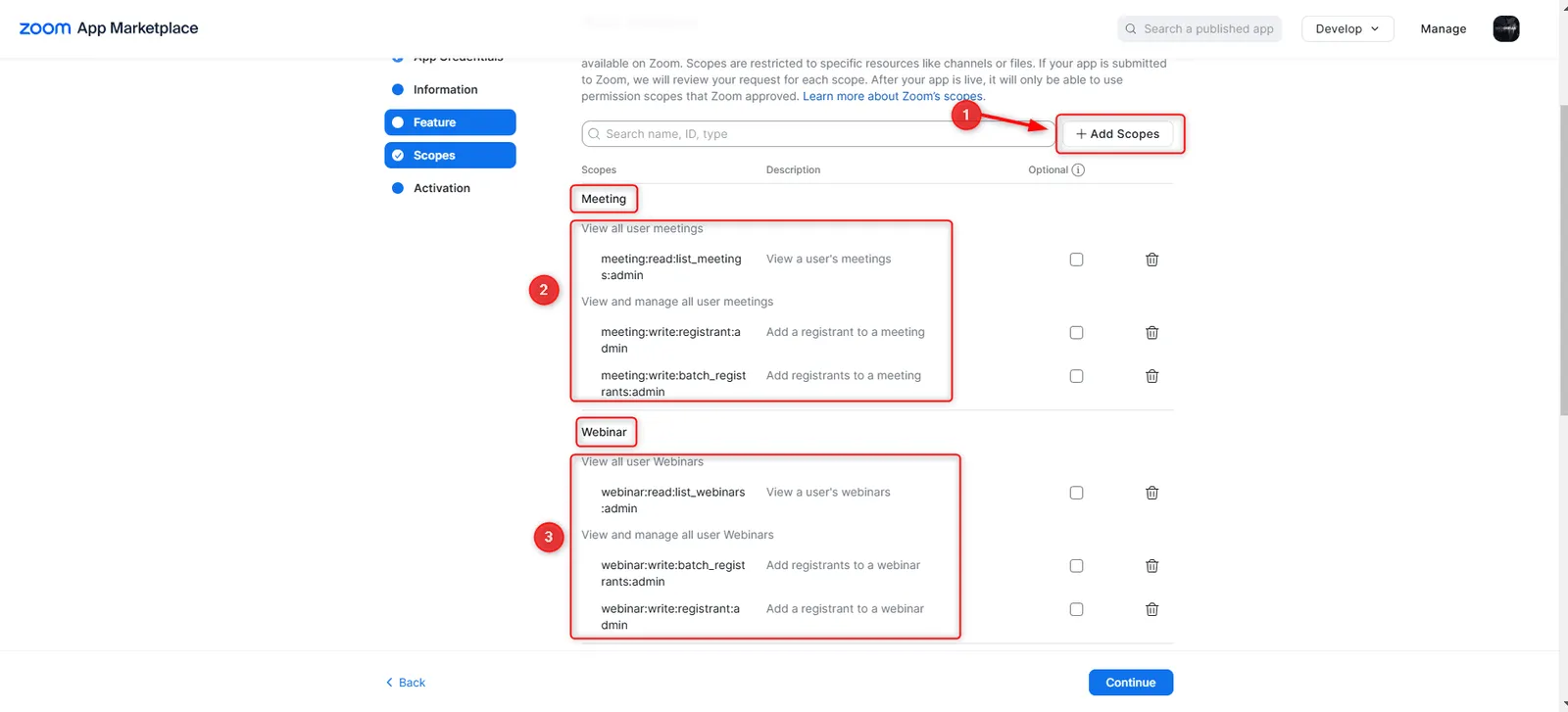 Page Scopes Zoom dengan scope meeting dan webinar sudah ditambah