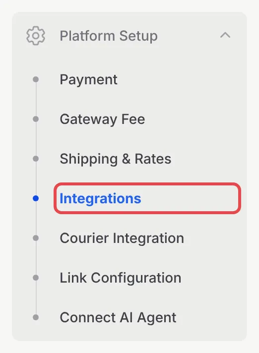 The Platform Setup menu in the BCL sidebar, with Integrations highlighted