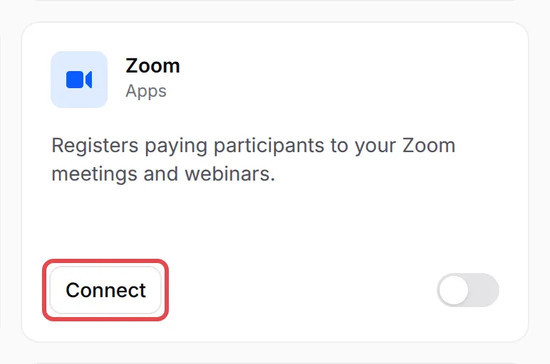 The Zoom card on the Integrations page with the Connect button highlighted