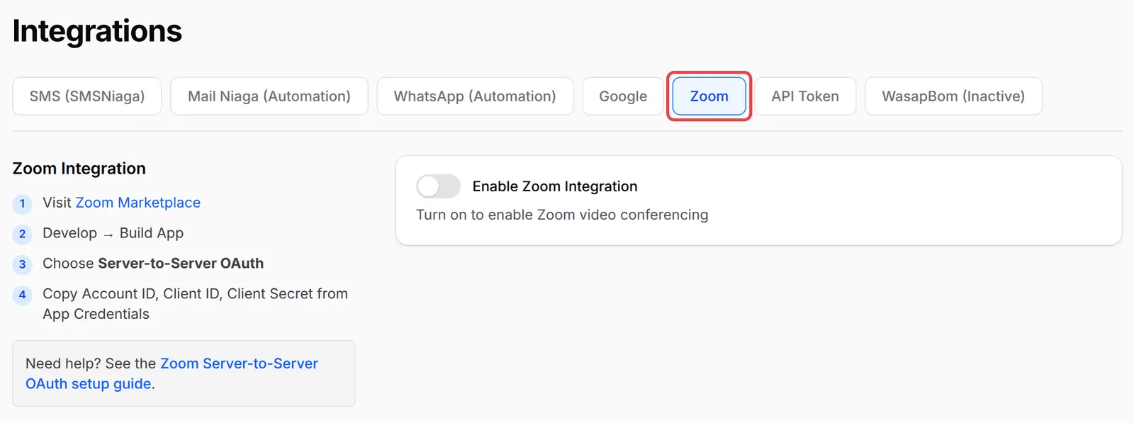 Page Integrations dengan tab Zoom ditanda