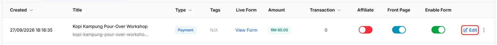 Payment Forms列表，表单上的Edit按钮已标示
