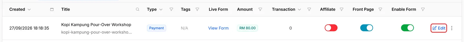 The Edit button on a payment form in the forms list