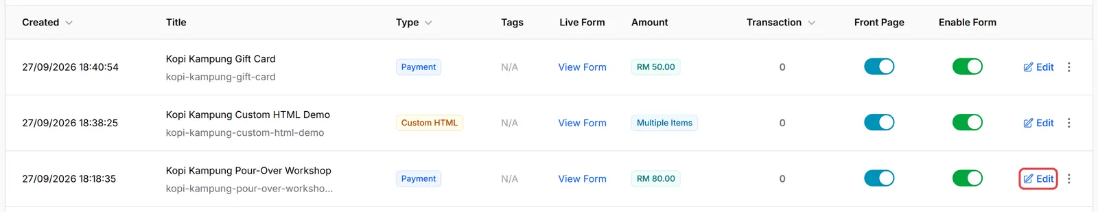 Butang Edit pada sesuatu payment form dalam senarai form