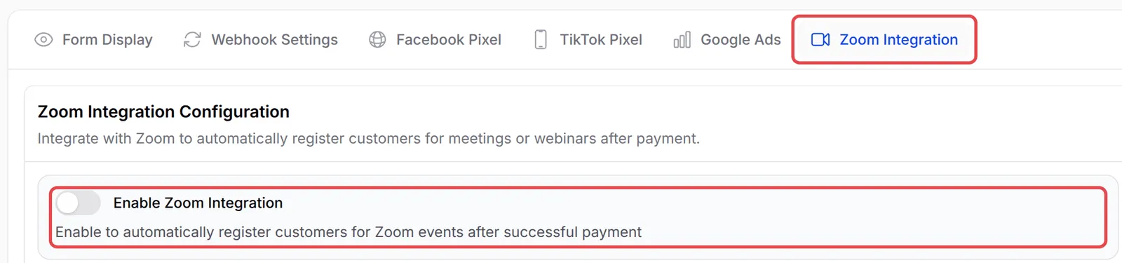 Tab Zoom Integration dengan suis Enable Zoom Integration ditanda